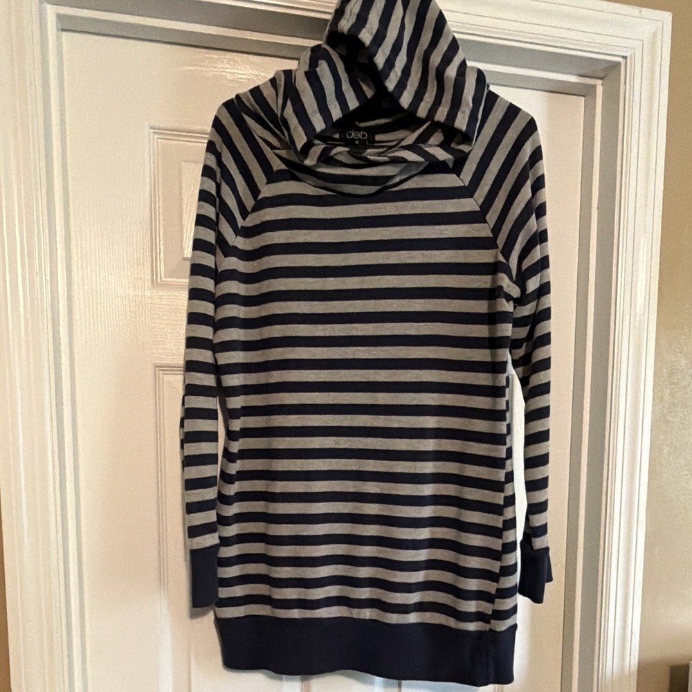 deb Women's Plus 1X Hooded Pullover Hoodie Navy Gray Striped Long Sleeve - Picture 4 of 9